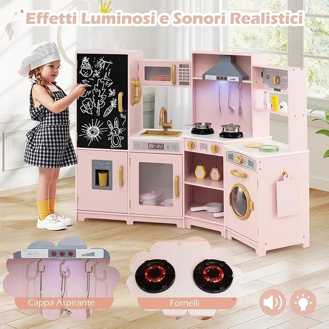 Cucina Giocattolo Angolare in Legno, Set di Cucina Giocattolo per Bambini con Luci, Suoni, Microonde, Cappa e Accessori Ricchi, Ideale per Bambini 3 Anni+ (Rosa)