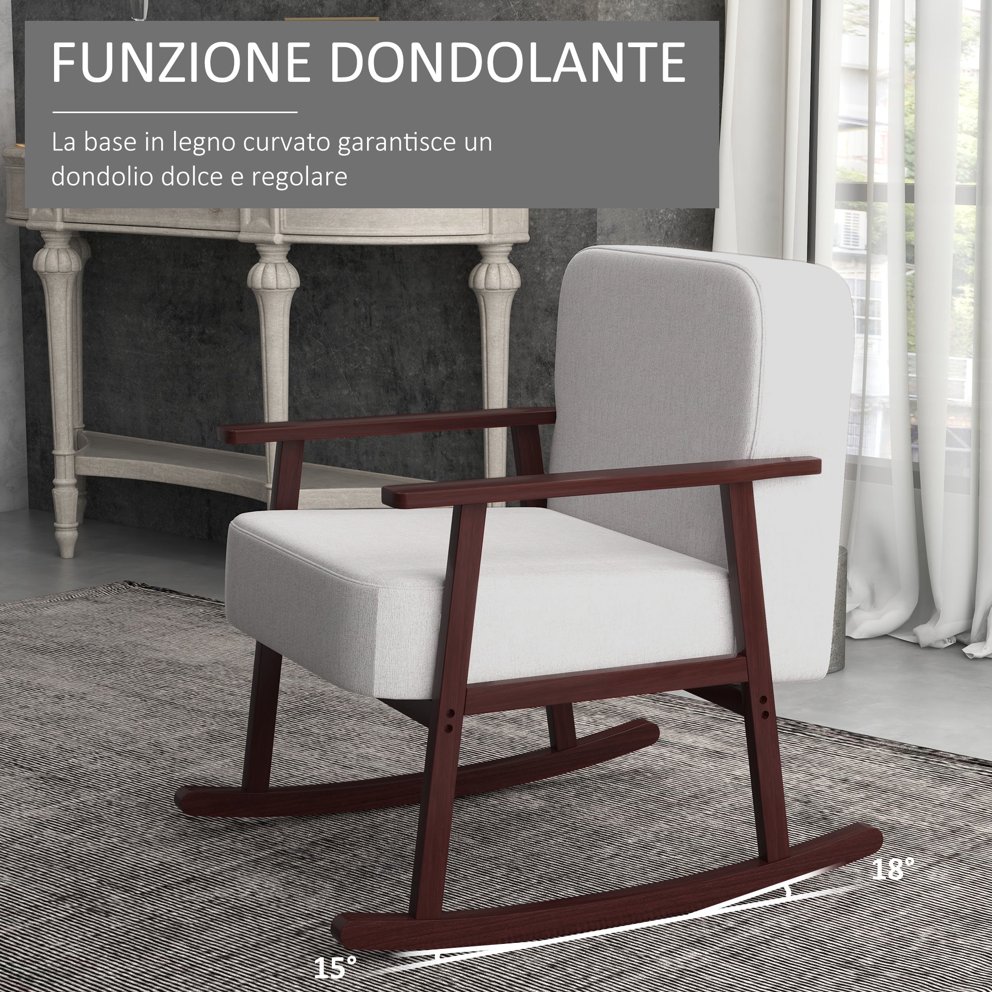 Poltrona a Dondolo 66x78x76 cm in Tessuto Effetto Lino e Legno Beige e Marrone