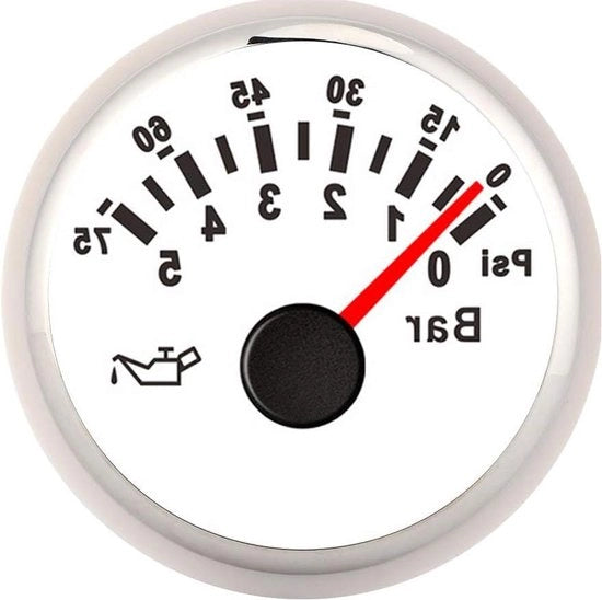 Olio Pressione Misure 12 V/24 V 2 pollici - 0-10Bar - 145psi - Illuminazione a LED - Auto Motociclo Camion Carro - Piatto di lettura bianco - Cassetta argentata.