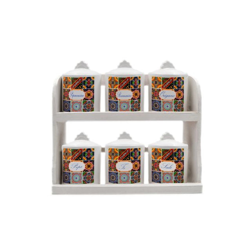 Set 6 Barattoli da Cucina Porta Spezie con Mensola Decoro Sicily