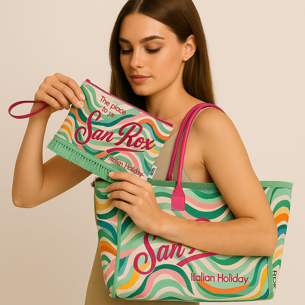 Set Borsa e Pochette Mare Design Fantasy con Frange Borsetta Organizer da Mare