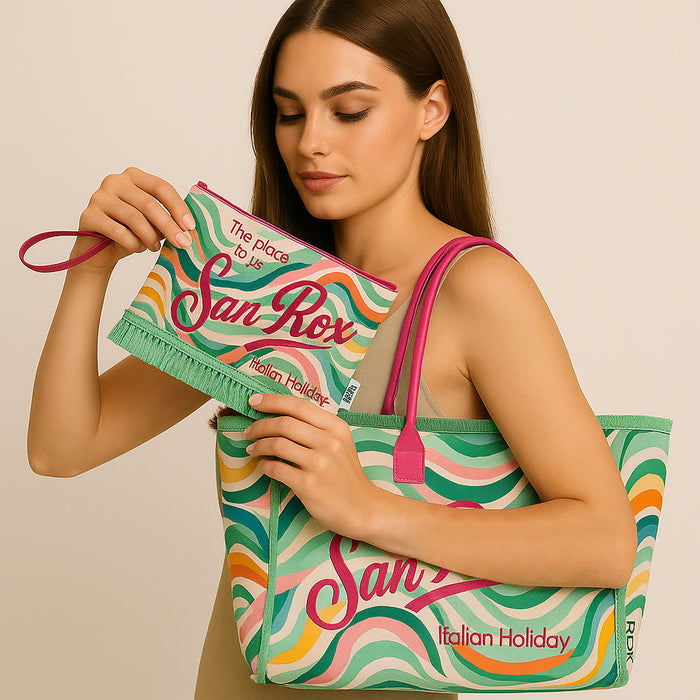 Set Borsa e Pochette Mare Design Fantasy con Frange Borsetta Organizer da Mare