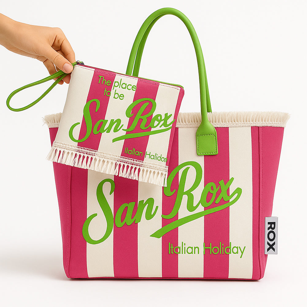 Set Borsa e Pochette Mare a Strisce Rosa con Frange Borsetta Organizer da Mare