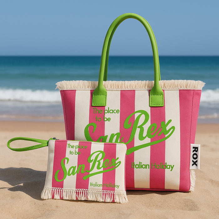 Set Borsa e Pochette Mare a Strisce Rosa con Frange Borsetta Organizer da Mare