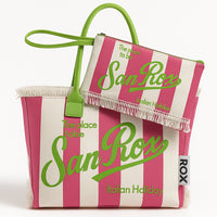 Set Borsa e Pochette Mare a Strisce Rosa con Frange Borsetta Organizer da Mare