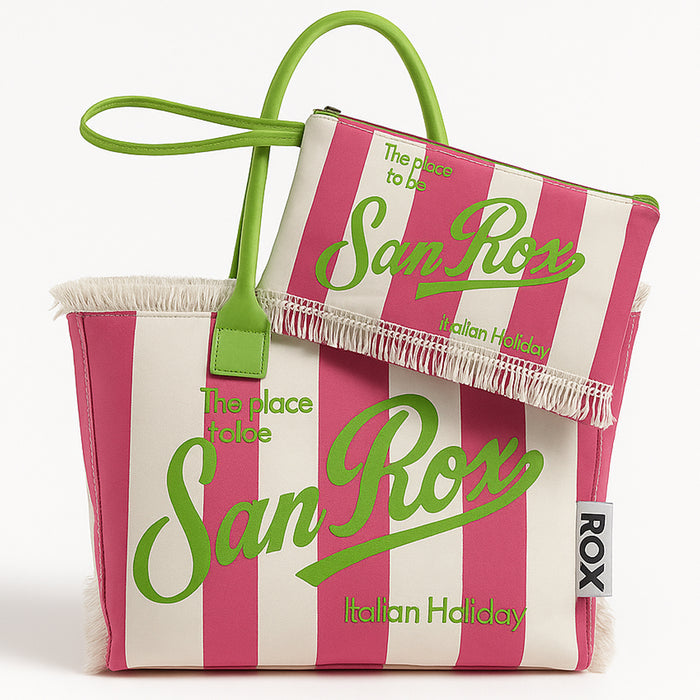 Set Borsa e Pochette Mare a Strisce Rosa con Frange Borsetta Organizer da Mare
