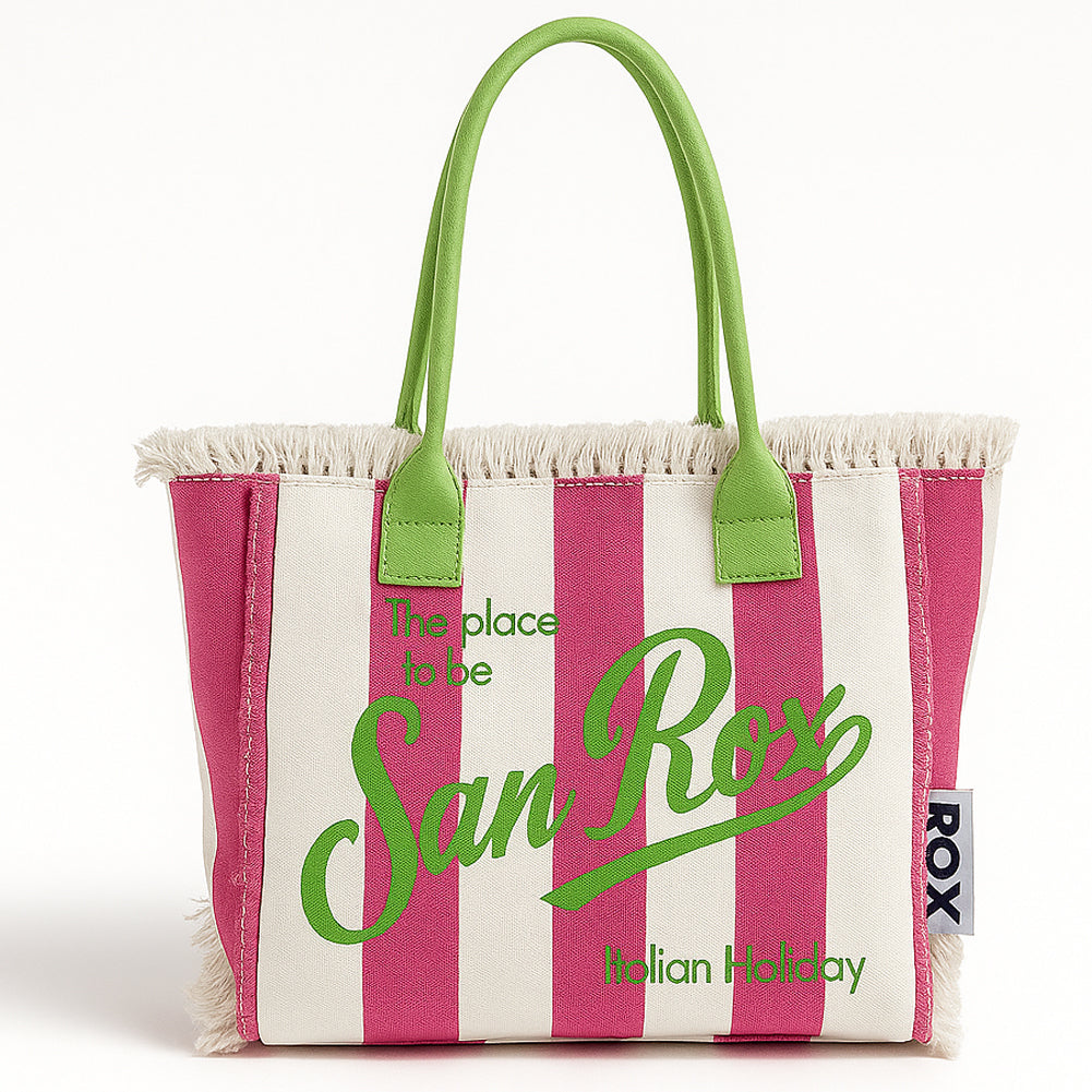 Set Borsa e Pochette Mare a Strisce Rosa con Frange Borsetta Organizer da Mare