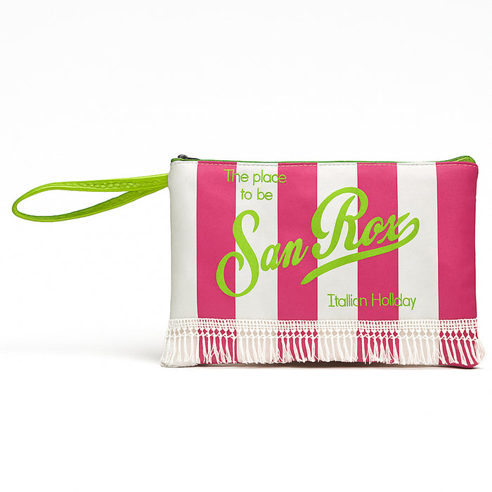 Set Borsa e Pochette Mare a Strisce Rosa con Frange Borsetta Organizer da Mare