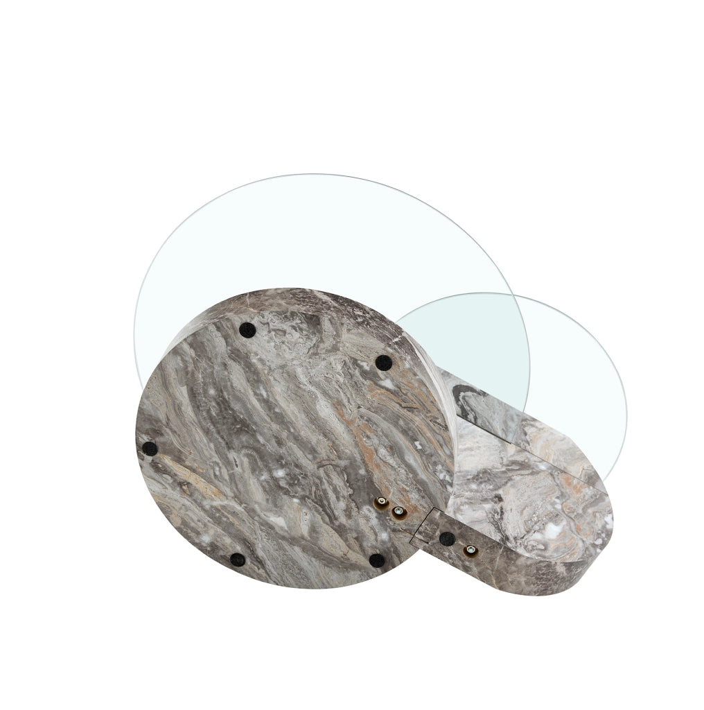 Tavolino da caffè con doppio piano in vetro e base effetto marmo; MDF e vetro; grigio