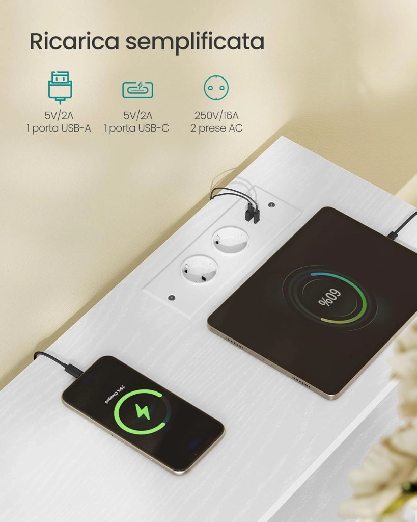 SONGMICS BELLAH Collezione - Cassettiera con LED Regolabile Controllato da APP, Mobile con Prese, 1 Ripiano, 5 Cassetti, Moderno, Bianco Nuvola LGS723WH01