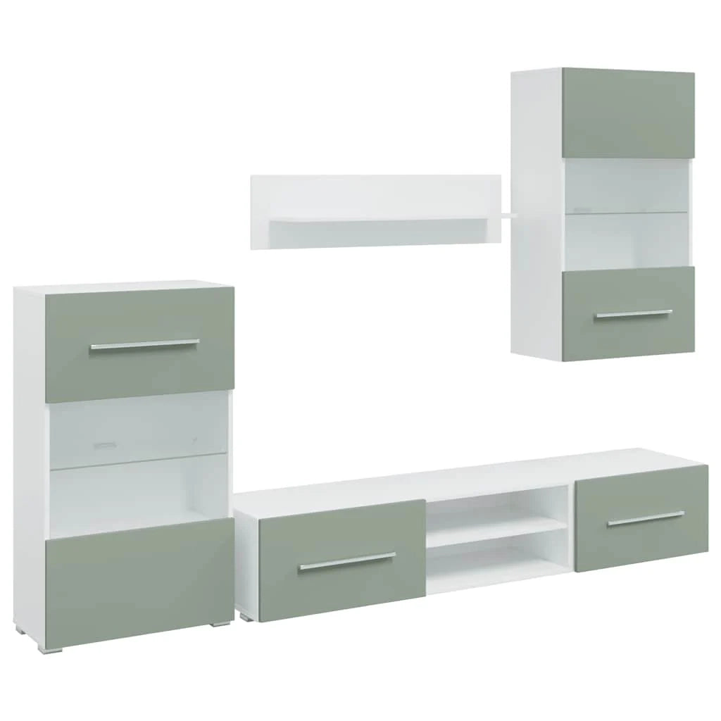 Set di 5 mobili TV moderni con illuminazione a LED e vani portaoggetti 120 x 39,5 x 34 cm realizzati in legno composito verde oliva 02_0055747