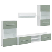 Set di 5 mobili TV moderni con illuminazione a LED e vani portaoggetti 120 x 39,5 x 34 cm realizzati in legno composito verde oliva 02_0055747
