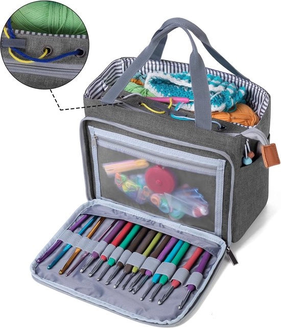 Borsa per l'uncinetto, il filo e il tessuto - Grigio - Borsa per progetti incompleti - Incluso uncino - Qualità di lusso