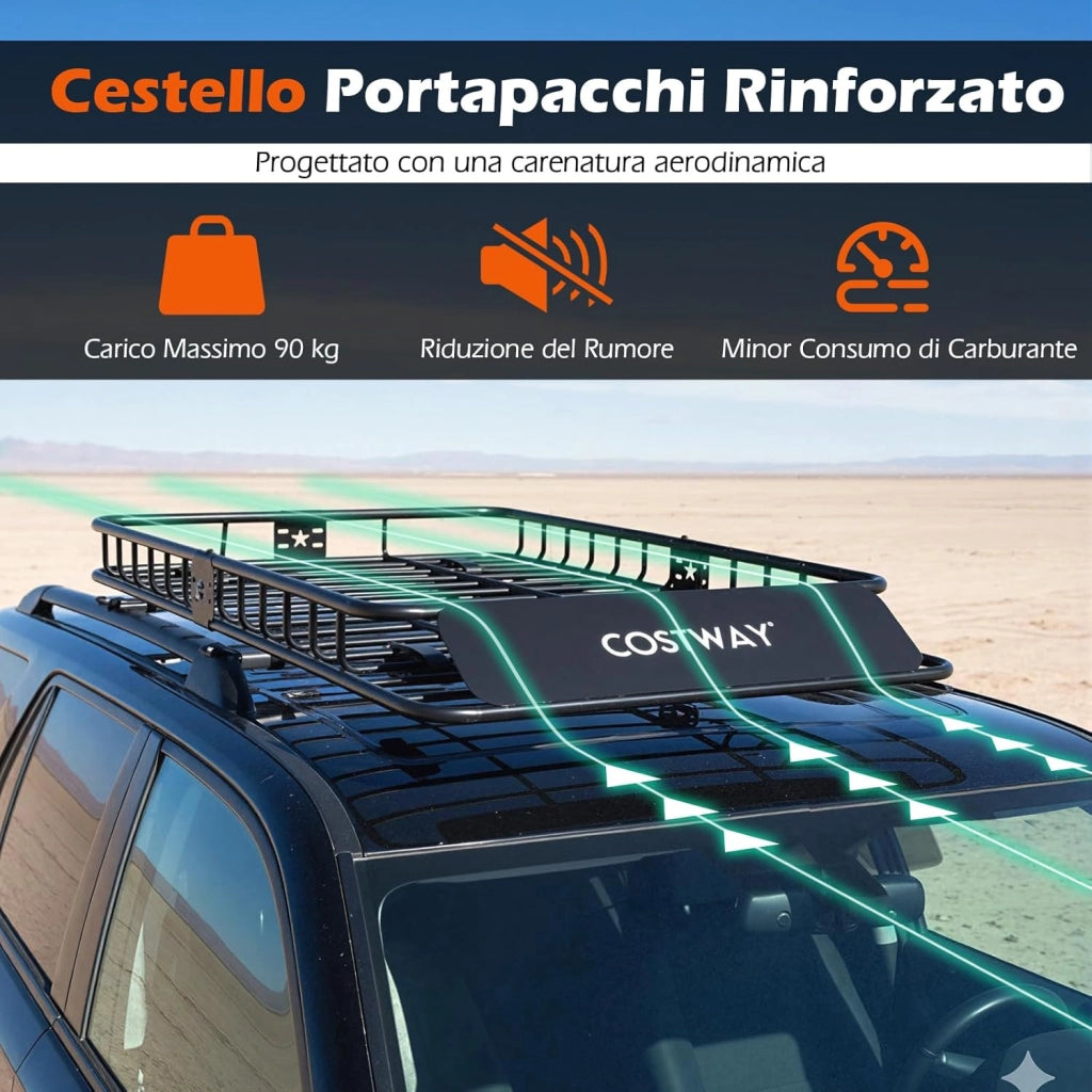 Portapacchi Auto da Tetto, Cestino Portapacchi da Tetto con Borsa per Bagagli e Cinghie a Cricchetto, Portata 90 kg, Barre Portatutto Universale per SUV, Camion, Berlina, 130 x 91 x 17 cm