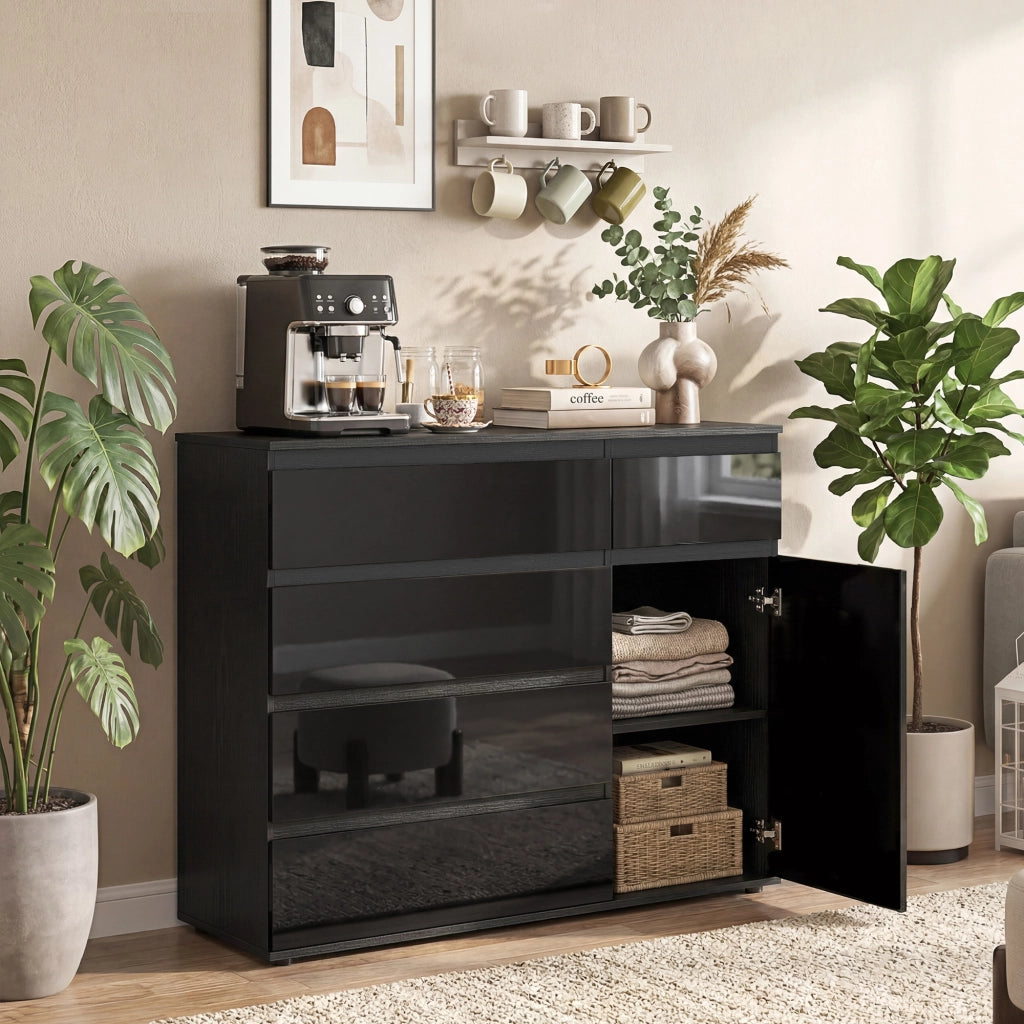 Cassettiera Moderna con 5 Cassetti, Ripiano Regolabile, Ante Soft-Close ¨C zephmum ¨C Nero Lucido