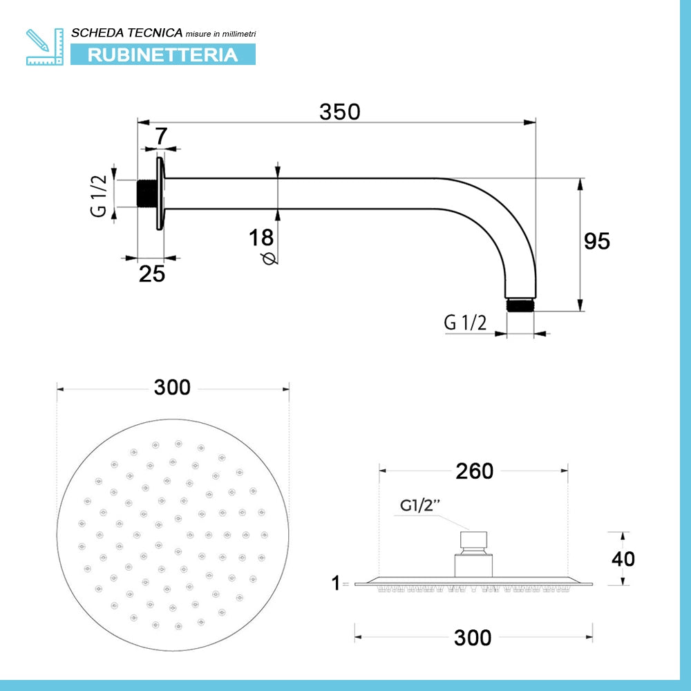 Set doccia con miscelatore Erika nero opaco braccio 35,5 cm e soffione 30 cm
