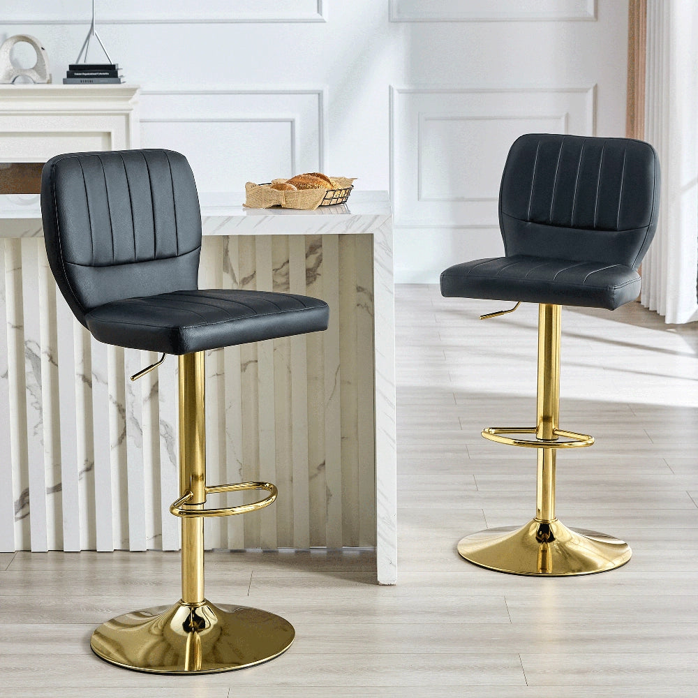Sgabello da Bar Regolabile con Schienale ¨C MINIMAL ¨C Ecopelle Nera, Girevole 360¡ã, Finitura Oro