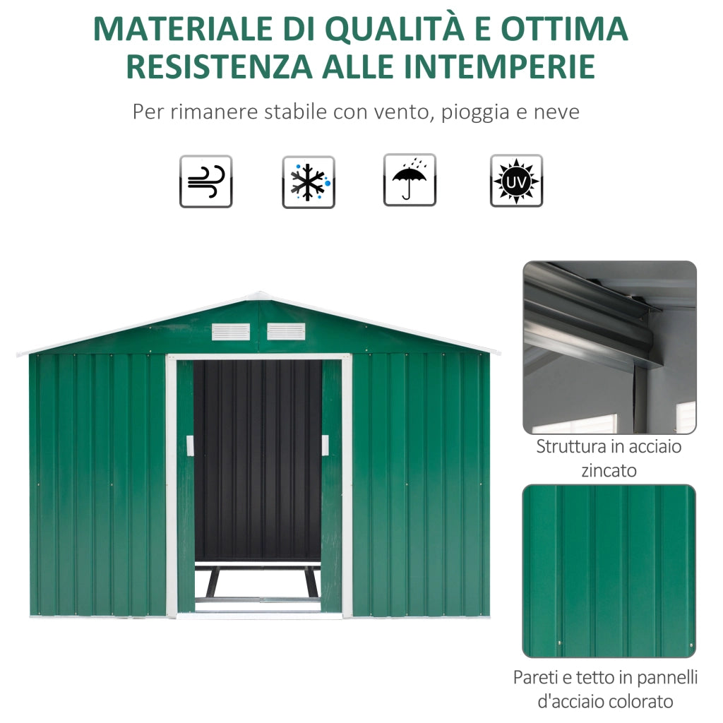 Easycomfort Casetta da Giardino 4.9 m² con Fondazione, 4 Prese d'Aria e 2 Porte Scorrevoli, Capanno Porta Attrezzi in Lamiera d'Acciaio, 277x195x192 cm, Verde Scuro