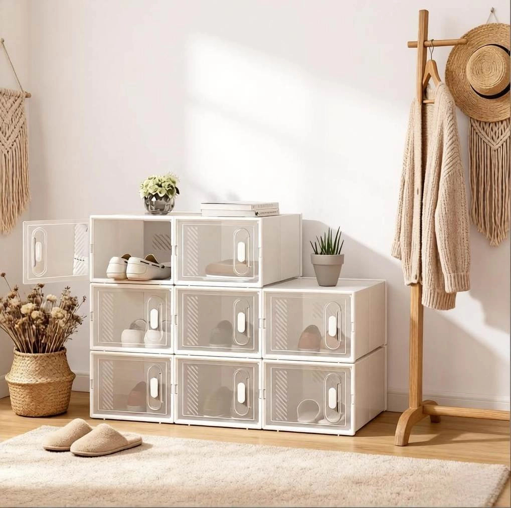 Set di 8 Scatole Impilabili per Scarpe in Plastica Trasparente 25x18,5x35,5 cm