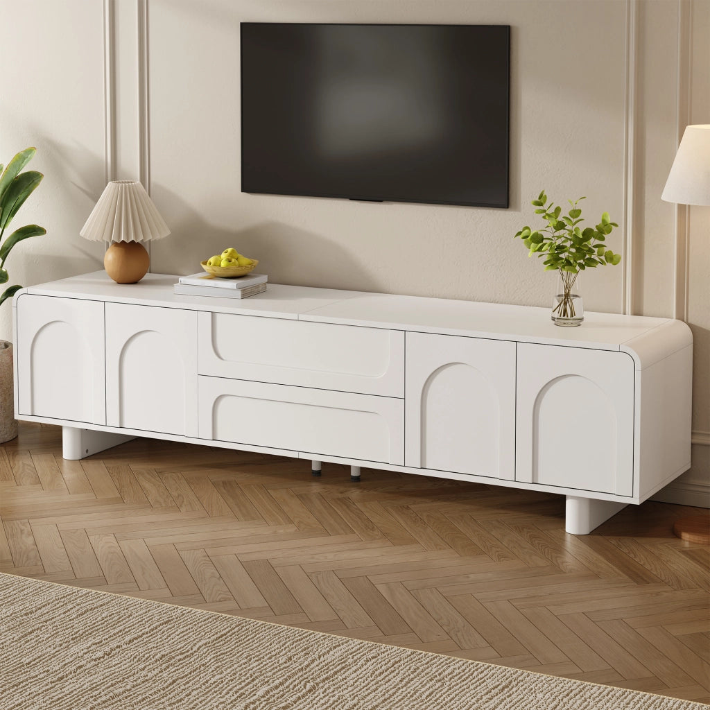 TV lowboard moderno con ante e cassetti, bianco, con angoli arrotondati e passacavi