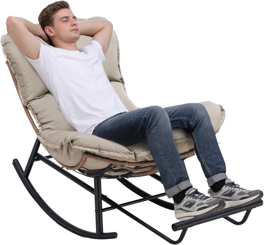 Sedia a dondolo, poltrona relax, struttura in acciaio, poggiapiedi estraibile, portata fino a 136 kg, per dormire, soggiorno, terrazza, giardino, grigio