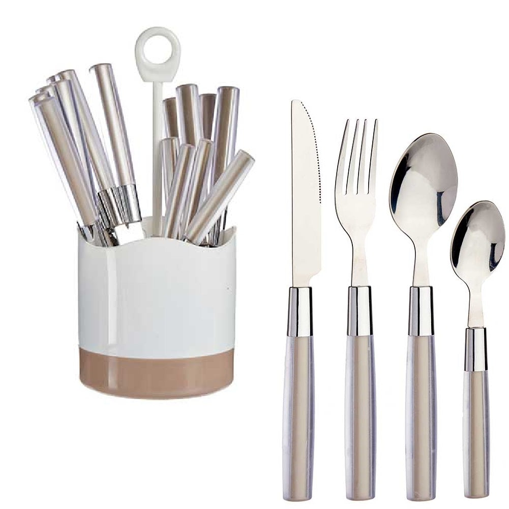 Kit 16 Posate Acciaio Manico Marrone con Supporto Scolaposate Design Moderno