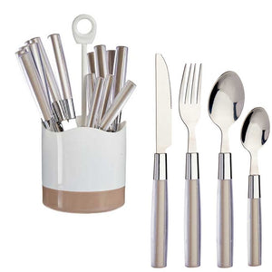 Kit 16 Posate Acciaio Manico Marrone con Supporto Scolaposate Design Moderno