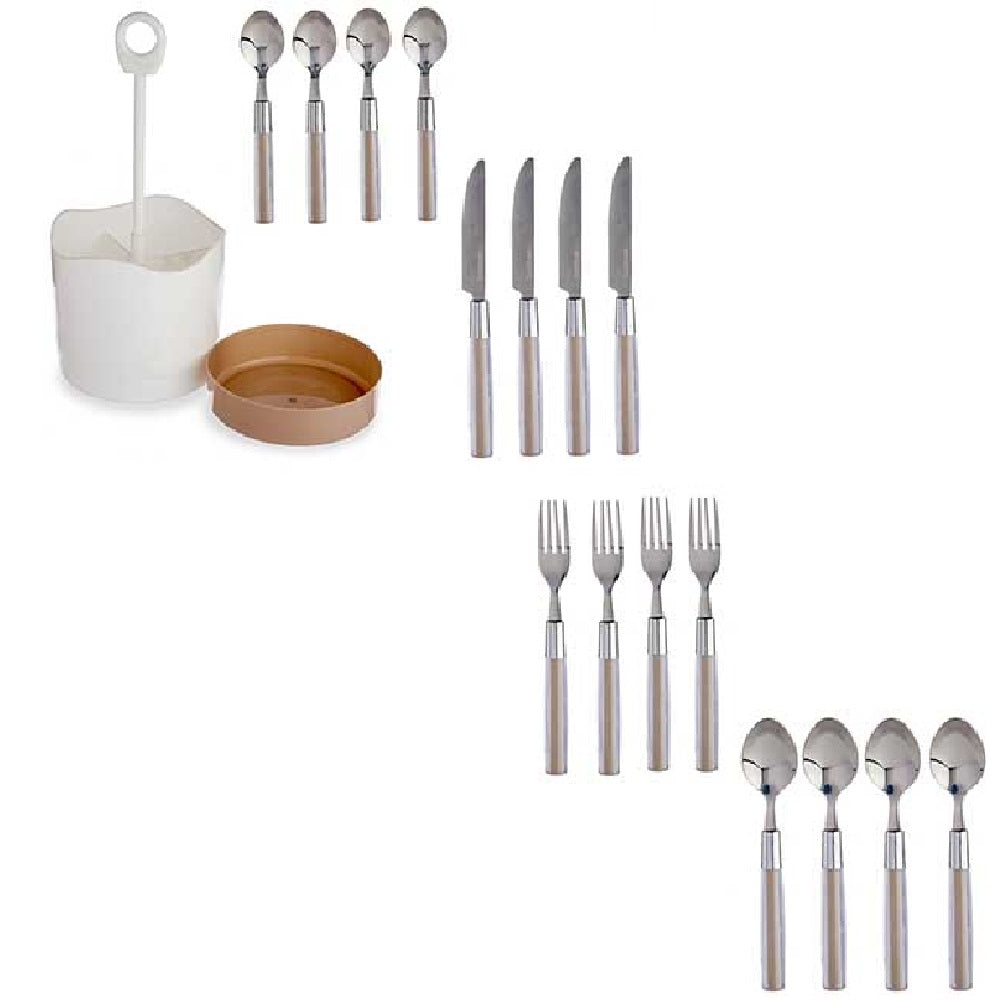 Kit 16 Posate Acciaio Manico Marrone con Supporto Scolaposate Design Moderno