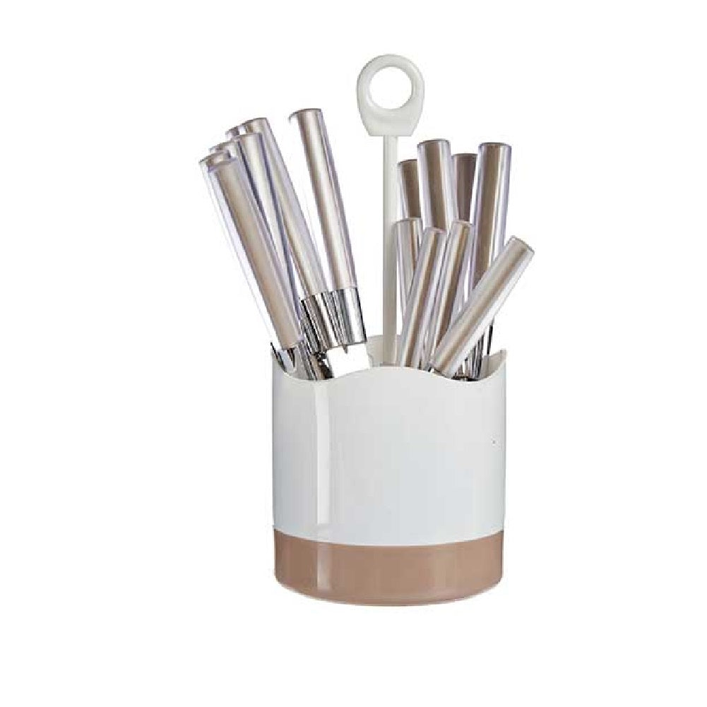 Kit 16 Posate Acciaio Manico Marrone con Supporto Scolaposate Design Moderno