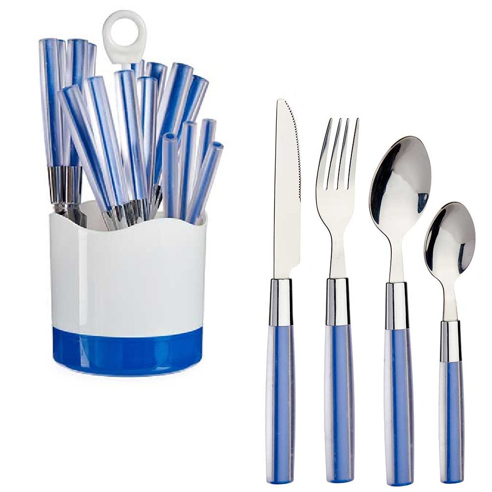 Kit 16 Posate Acciaio Manico Blu con Supporto Scolaposate Design Moderno