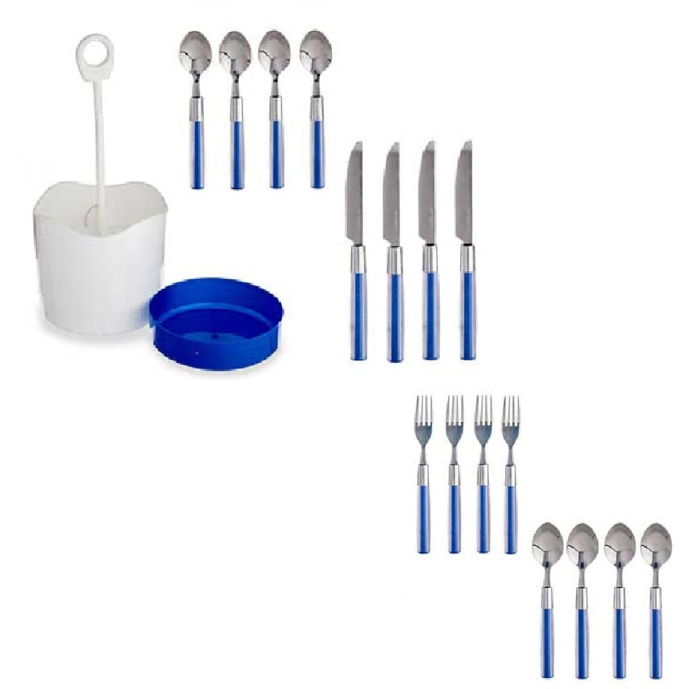 Kit 16 Posate Acciaio Manico Blu con Supporto Scolaposate Design Moderno