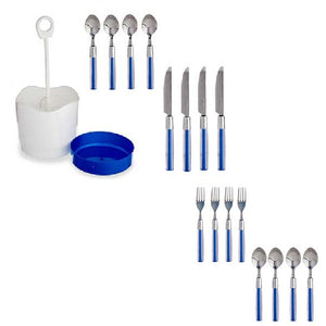 Kit 16 Posate Acciaio Manico Blu con Supporto Scolaposate Design Moderno