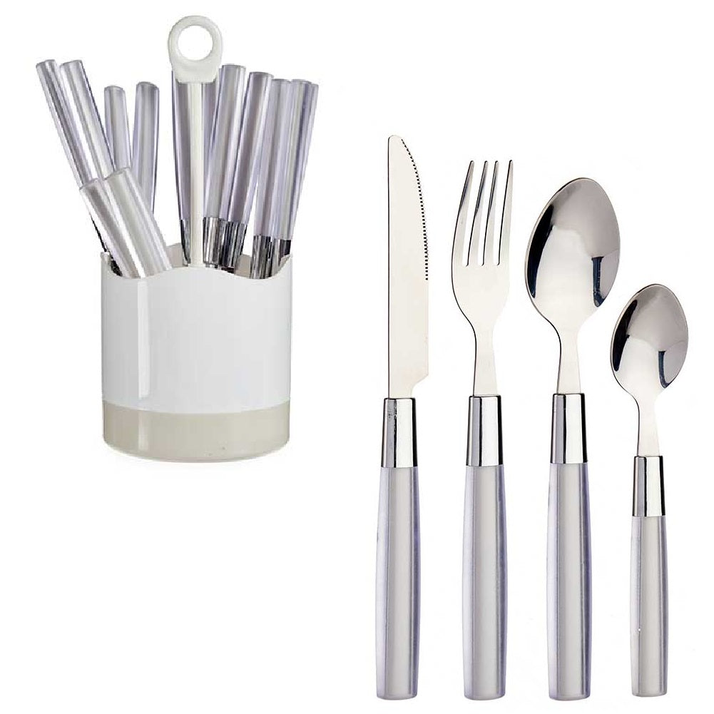 Kit 16 Posate Acciaio Manico Grigio con Supporto Scolaposate Design Moderno