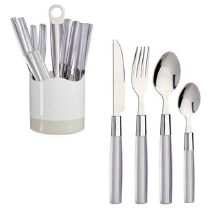 Kit 16 Posate Acciaio Manico Grigio con Supporto Scolaposate Design Moderno