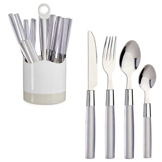 Kit 16 Posate Acciaio Manico Grigio con Supporto Scolaposate Design Moderno