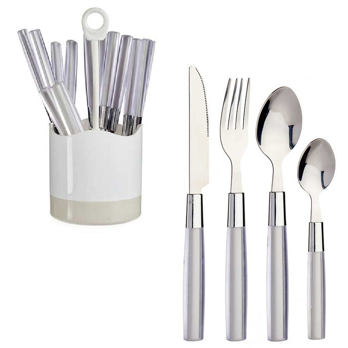 Kit 16 Posate Acciaio Manico Grigio con Supporto Scolaposate Design Moderno