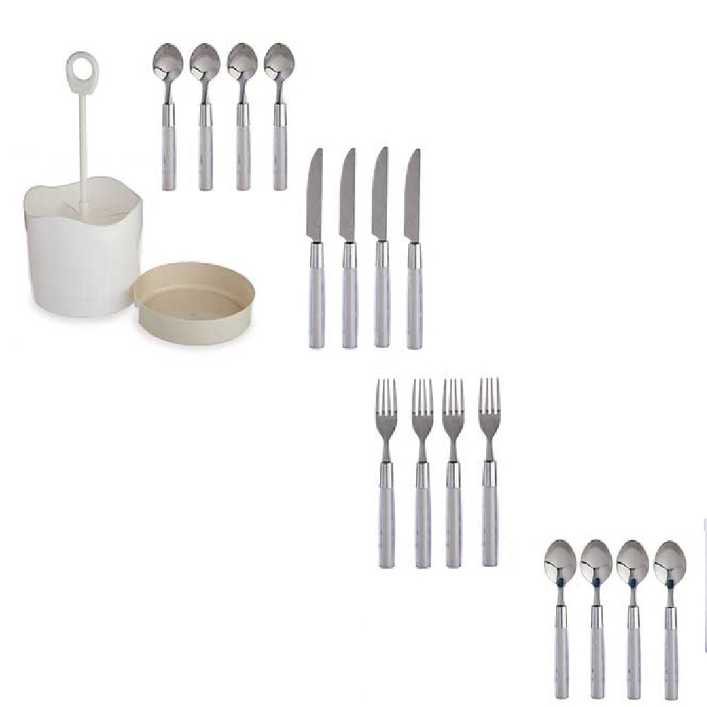 Kit 16 Posate Acciaio Manico Grigio con Supporto Scolaposate Design Moderno