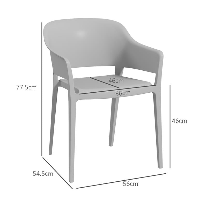 SET 4 SEDIE DA GIARDINO IN PLASTICA IMPILABILI CON BRACCIOLI E SCHIENALE ALTO IN PP, GRIGIO