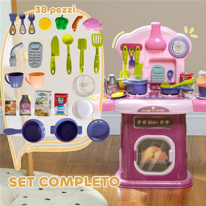 CUCINA GIOCATTOLO PER BAMBINI 3-6 ANNI CON 38 ACCESSORI E SUONI REALISTICI IN PP E ABS 51X21X60 CM ROSA