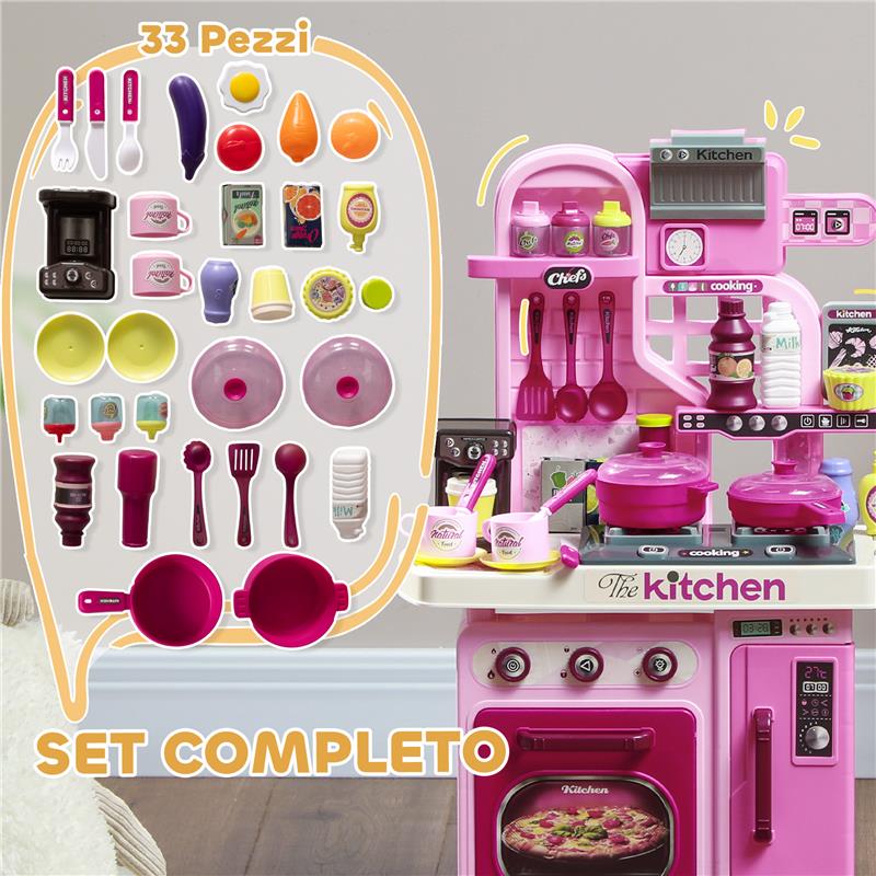 CUCINA GIOCATTOLO PER BAMBINI DA 33 PEZZI CON LUCI SUONI E RUBINETTO IN PP E ABS 53X22X69 CM ROSA
