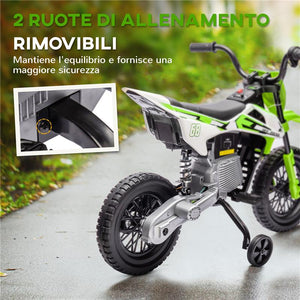 MOTO ELETTRICA PER BAMBINI CON ROTELLE E INDICATORE DI CARICA IN PP E METALLO 107X56X70 CM VERDE