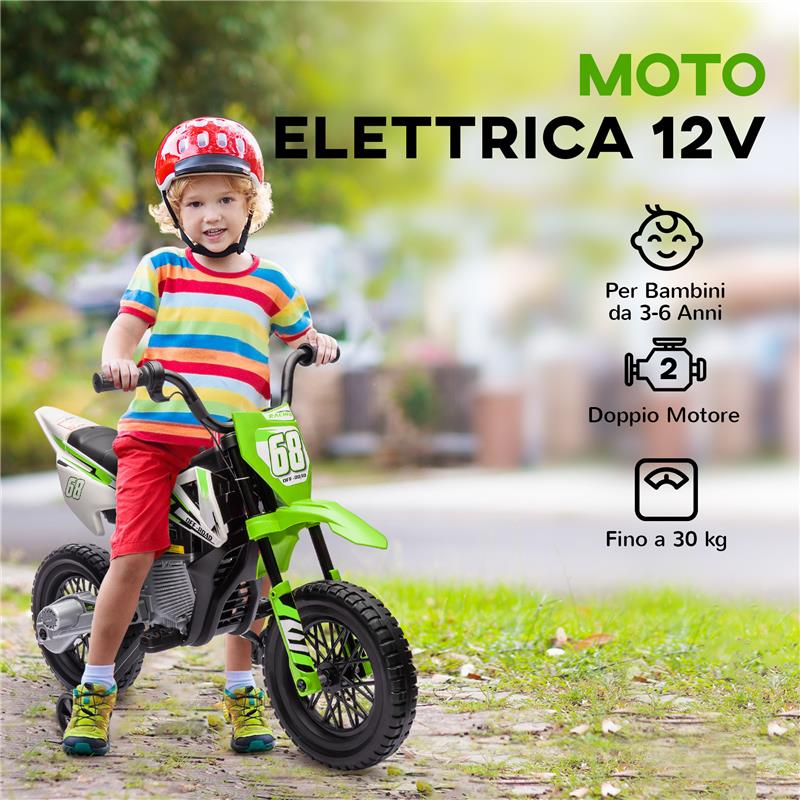 MOTO ELETTRICA PER BAMBINI CON ROTELLE E INDICATORE DI CARICA IN PP E METALLO 107X56X70 CM VERDE