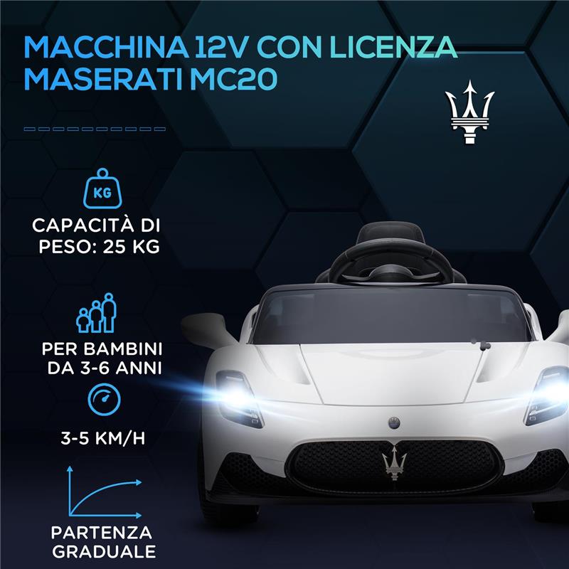MACCHINA PER BAMBINI MASERATI MC20 GUIDA MANUALE TELECOMANDO E FARI LED ETÀ 3-6 ANNI BIANCO