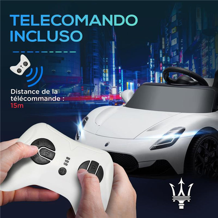 MACCHINA PER BAMBINI MASERATI MC20 GUIDA MANUALE TELECOMANDO E FARI LED ETÀ 3-6 ANNI BIANCO