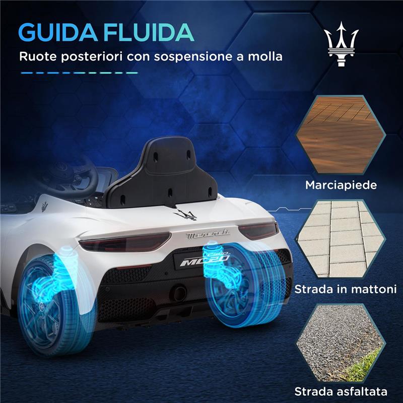 MACCHINA PER BAMBINI MASERATI MC20 GUIDA MANUALE TELECOMANDO E FARI LED ETÀ 3-6 ANNI BIANCO