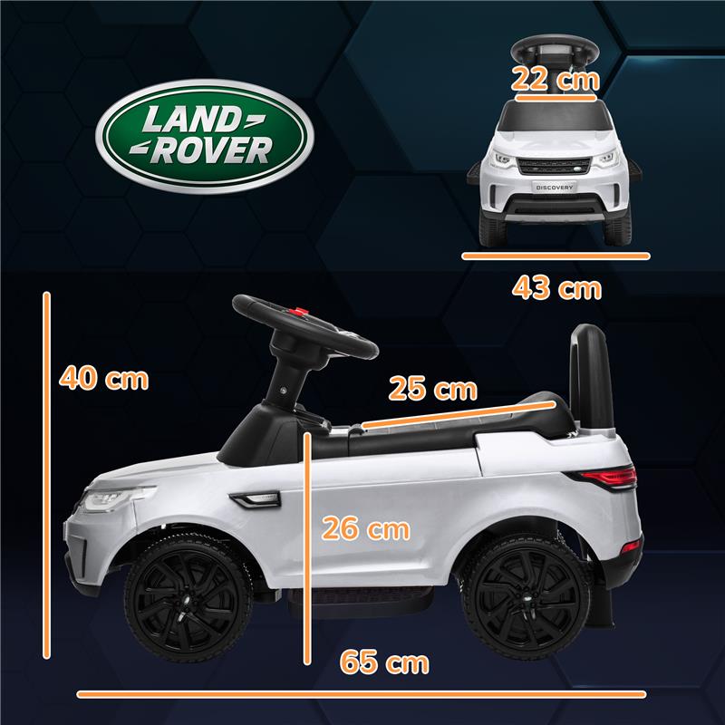 MACCHINA PER BAMBINI CON LICENZA LAND ROVER 6V FUNZIONAMENTO ELETTRICO E A SPINTA VELOCITÀ 3KM/H BIANCO