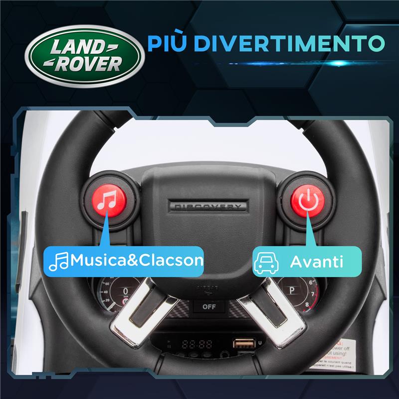MACCHINA PER BAMBINI CON LICENZA LAND ROVER 6V FUNZIONAMENTO ELETTRICO E A SPINTA VELOCITÀ 3KM/H BIANCO
