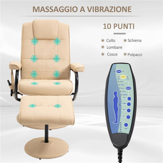 POLTRONA RELAX CON POUF POGGIAPIEDI RECLINABILE A 145° CON 10 PUNTI MASSAGGIO E TELECOMANDO IN FINTA PELLE CREMA