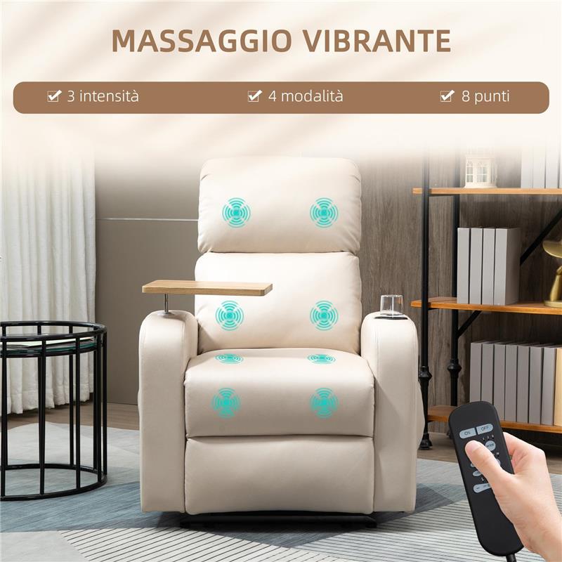 POLTRONA MASSAGGIANTE E RECLINABILE CON POGGIAPIEDI E TELECOMANDO IN MICROFIBRA 77X93X105 CM BEIGE