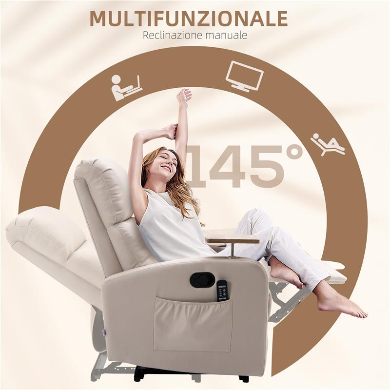 POLTRONA MASSAGGIANTE E RECLINABILE CON POGGIAPIEDI E TELECOMANDO IN MICROFIBRA 77X93X105 CM BEIGE